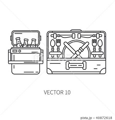 Retro furniture, compact picnic basket and refrigerator line icon. Summer travel vacation, tourism 40872618