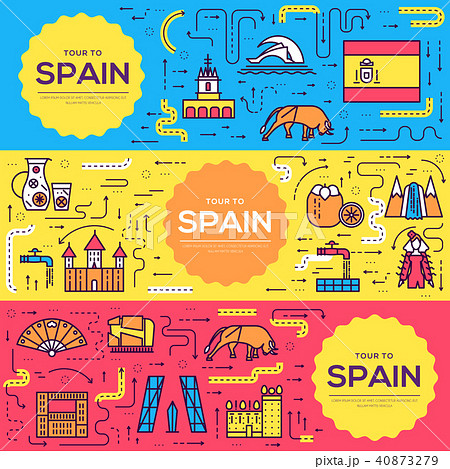 Spain vector brochure cards thin line set. Country 40873279