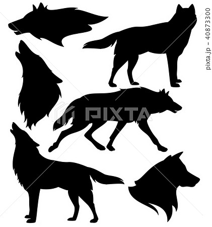 Wild Wolves Black And White Vector Silhouette Setのイラスト素材