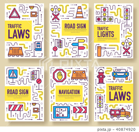 Traffic light day vector brochure cards  line set. 40874920