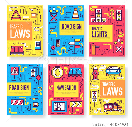 Traffic light day vector brochure cards  line set. 40874921