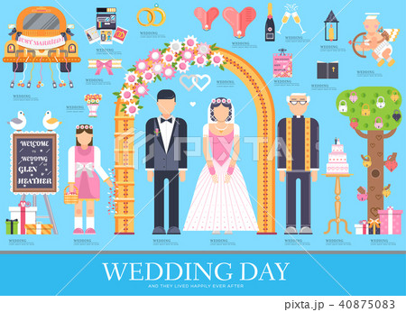 Flat wedding illustration thin line icon set. 40875083
