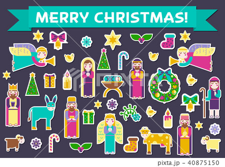 Merry Christmas sticker icons flat set background. 40875150