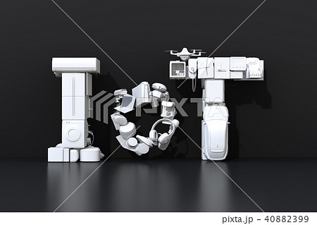 黒背景に白いスマート家電とevで表現したiot文字 暮らしにあるモノのインタネットコンセプトのイラスト素材 4099