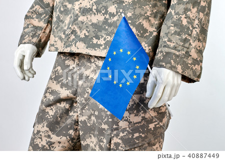 Mannequin in army uniform with EU flag, close up. 40887449