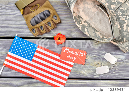Set of military us army veteran's equipment, flat lay. 40889434