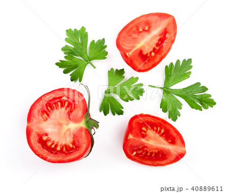 tomatoes with parsley leaves isolated on white background. Top view. Flat lay 40889611