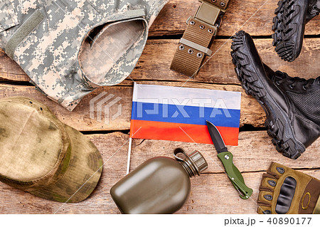 Russian army soldier items flat lay. Russian army soldier items flat lay. 40890177