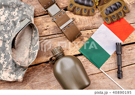 Italian army soldier items flat lay. 40890195