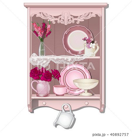 Kitchen shelf with dishes and flowers. Vector illustration. 40892757