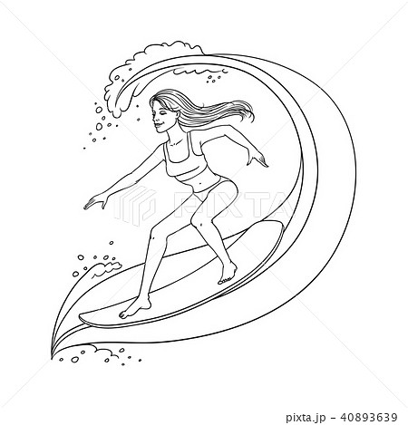 Vector cute woman riding wave on surfboard 40893639