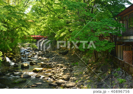 静岡県 伊豆修善寺 川沿いの温泉宿の写真素材