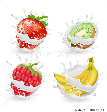 Vector set of fruits and berries in milk splashes 40898941