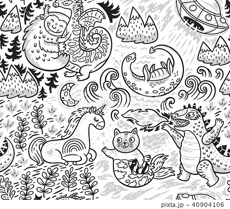 Fantastic Creatures Animal Pattern In Outline のイラスト素材