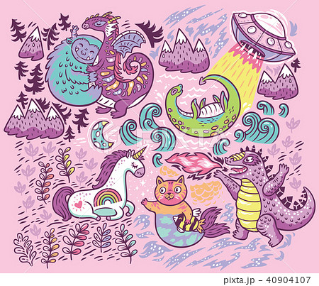 Vector print with fantastic creatures isolated on pink background 40904107