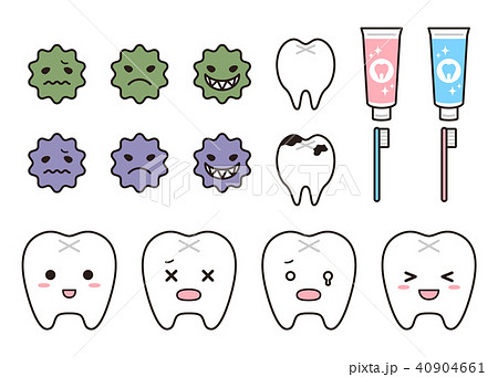 歯と虫歯と歯磨きのパーツセットのイラスト素材