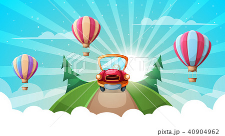 Summer cartoon landscape. Car, road, air balloon illustration. 40904962