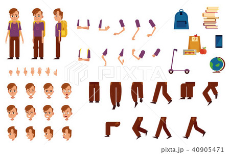 Student boy with backpack creation kit with various body parts, face emotions and hand gestures. Student boy with backpack creation kit with various body parts, face emotions and hand gestures. 40905471
