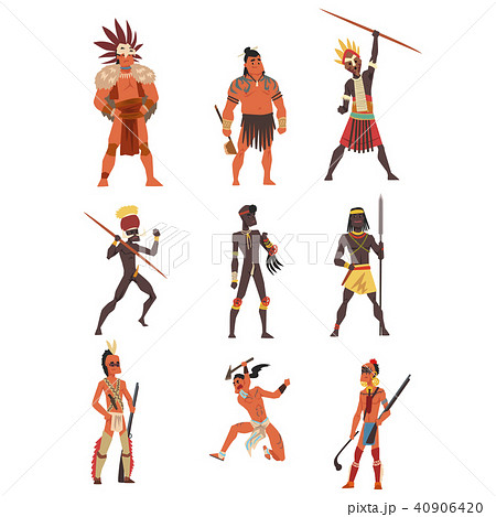 Armed native people of African tribes, Australian and American aboriginal set, tribe members in 40906420