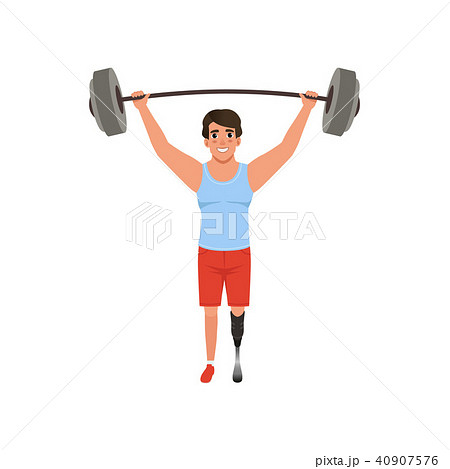 Young man with artificial leg holding barbell over his head. Weightlifting concept. Cross fit or Young man with artificial leg holding barbell over his head. Weightlifting concept. Cross fit or 40907576