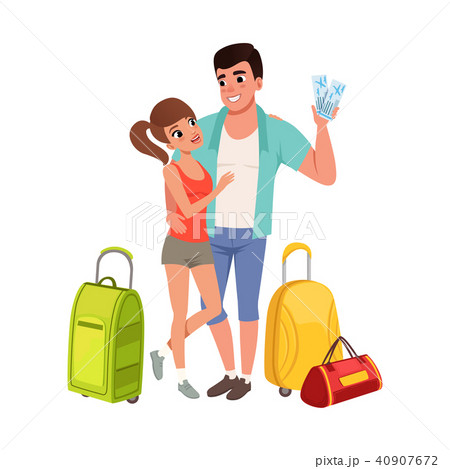 Young couple with travel bags and tickets, man and woman traveling together during summer vacation Young couple with travel bags and tickets, man and woman traveling together during summer vacation 40907672