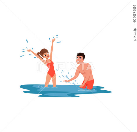 Romantic couple having fun in the sea, man and woman on vacation at beach resort vector Illustration 40907684