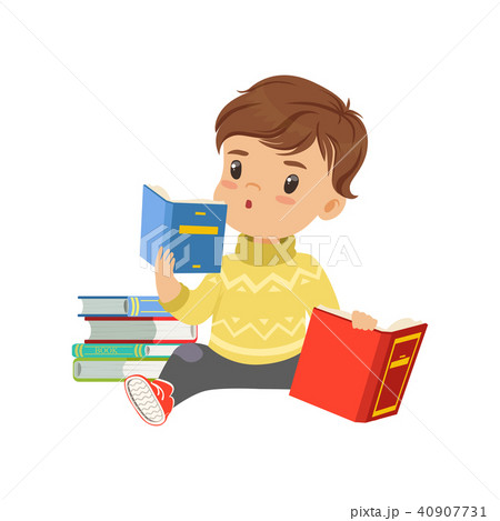 Smart little boy character sitting on the floor and reading books vector Illustration on a white 40907731