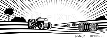 Agricultural tractor and round hay bales in rural landscape with hills and fields. Agricultural tractor and round hay bales in rural landscape with hills and fields. 40908220