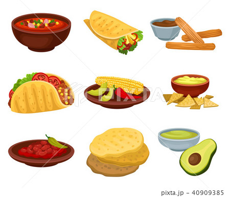 Flat vector set of traditional Mexican food. Bowl of spicy soup, burrito, flour tortillas, guacamole 40909385