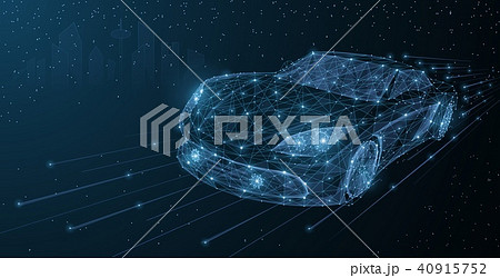 Vector high speed motion car night city drive. Abstract wire low poy car illustration on dark blue 40915752