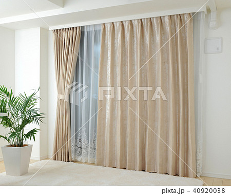 インテリア　ベージュの柄物のカーテンと植栽 40920038
