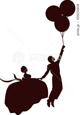 風船で空飛ぶカップルのシルエットのイラスト素材