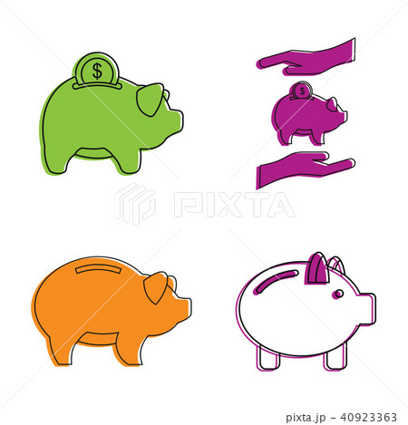 Piggy bank icon set, color outline style 40923363