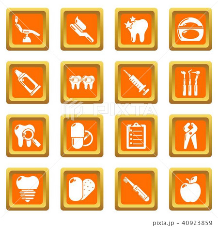 Stomatology dental icons set orange square vector Stomatology dental icons set orange square vector 40923859