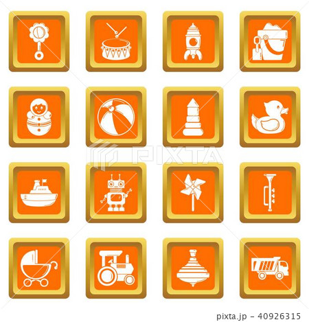 Kids toys icons set orange square vector 40926315