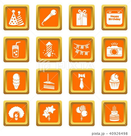 Happy birthday icons set orange square vector 40926498