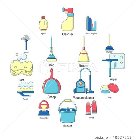 Cleaning tools icons set, cartoon style Cleaning tools icons set, cartoon style 40927215