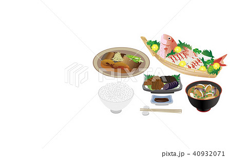 今日のご飯カレイの煮付けと鯛の刺身のイラスト素材