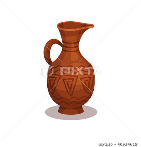 Flat vector icon of old clay jug with traditional ornament. Ancient ceramic amphora with handle and 40934619