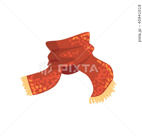 Red wool scarf with yellow fringe on the ends. Warm accessory for autumn or winter weather. Element Red wool scarf with yellow fringe on the ends. Warm accessory for autumn or winter weather. Element 40941019