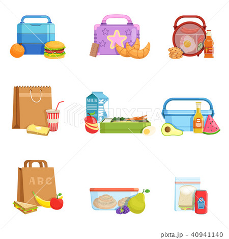 Flat vector set of school lunch boxes and bags with food and drinks. Tasty meal for kids 40941140