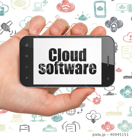 Cloud computing concept: Hand Holding Smartphone with Cloud Software on display Cloud computing concept: Hand Holding Smartphone with Cloud Software on display 40945151