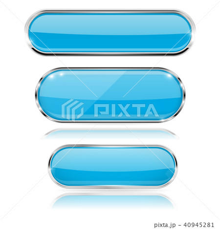 Blue glass 3d buttons with chrome frame. Oval icons 40945281