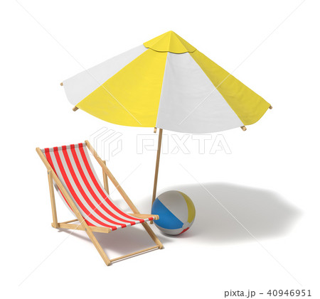 3d rendering of a white and yellow beach umbrella and wooden deck chair. 40946951