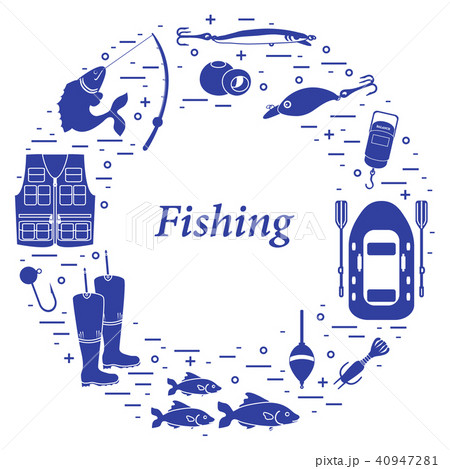 Different tools for fishing arranged in a circle 40947281