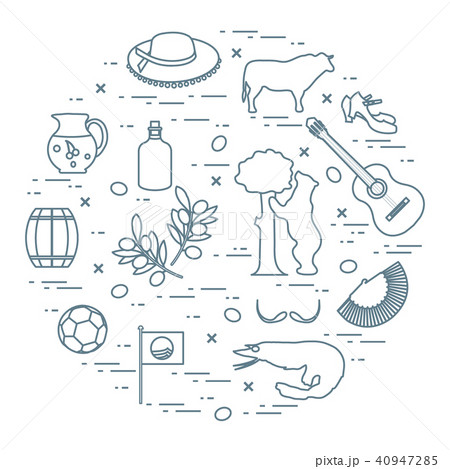 various symbols of Spain arranged in a circle 40947285