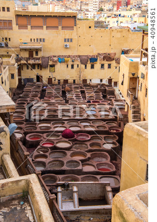 モロッコ フェズの皮なめし工場 タンネリ の写真素材