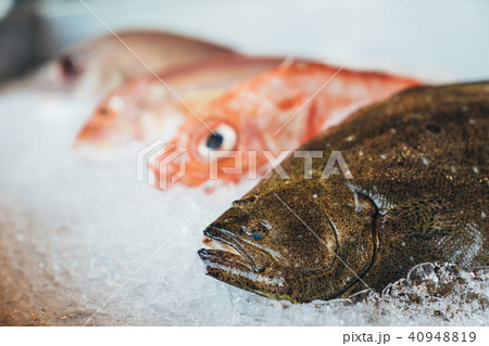 Hirame or halibut and other fish on ice at market 40948819
