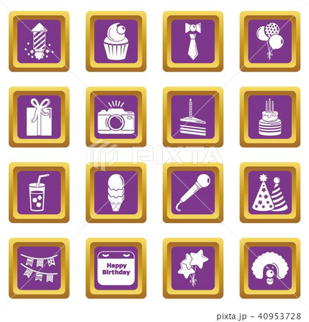 Happy birthday icons set purple square vector 40953728