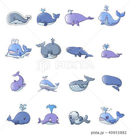 Whale blue tale fish icons set, cartoon style 40953882